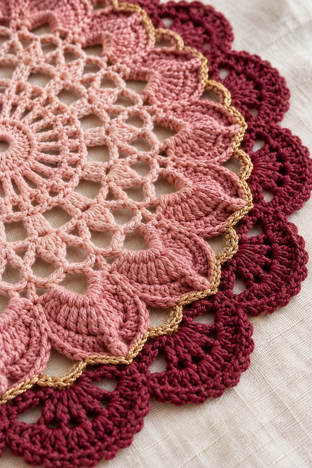 Close-up of pink lace crochet, dusty rose petals, a deep berry scalloped edge, and fine gold yarn accent