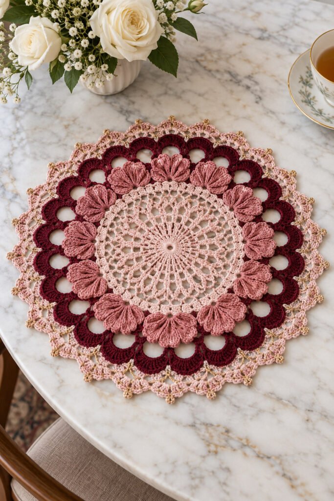 Round peony pink crochet lace placemat with a radiating openwork center, layered rose petals, deep berry scallops, and gold-toned edge details