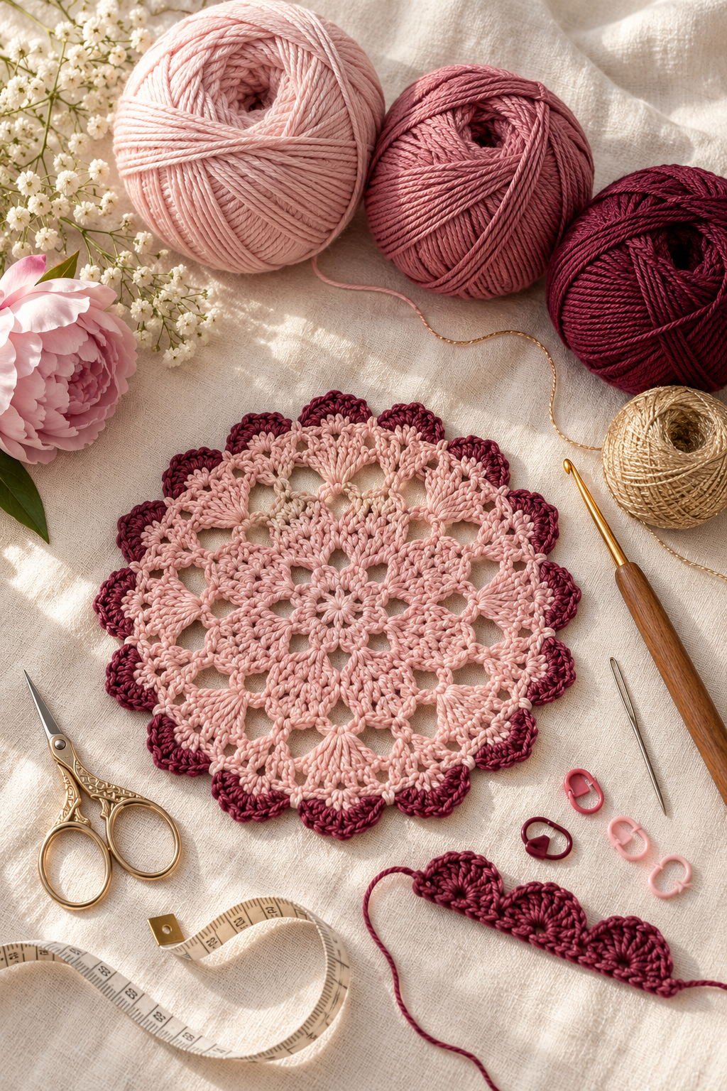 Blush, dusty rose, and berry yarn with a crochet hook, scissors, needle, stitch markers, measuring tape, and a lace crochet swatch