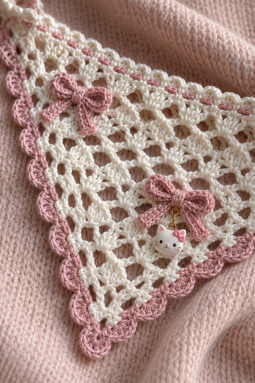 Close-up of white crochet mesh with a pale pink border, rose-pink bow appliques, and a small original cat-face charm