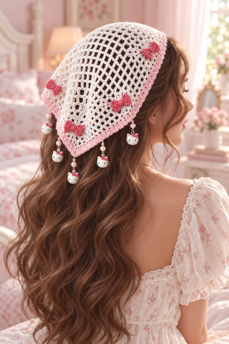 White openwork crochet bandana with pale pink edging, pink crochet bows, and original cat-face charms worn over long hair