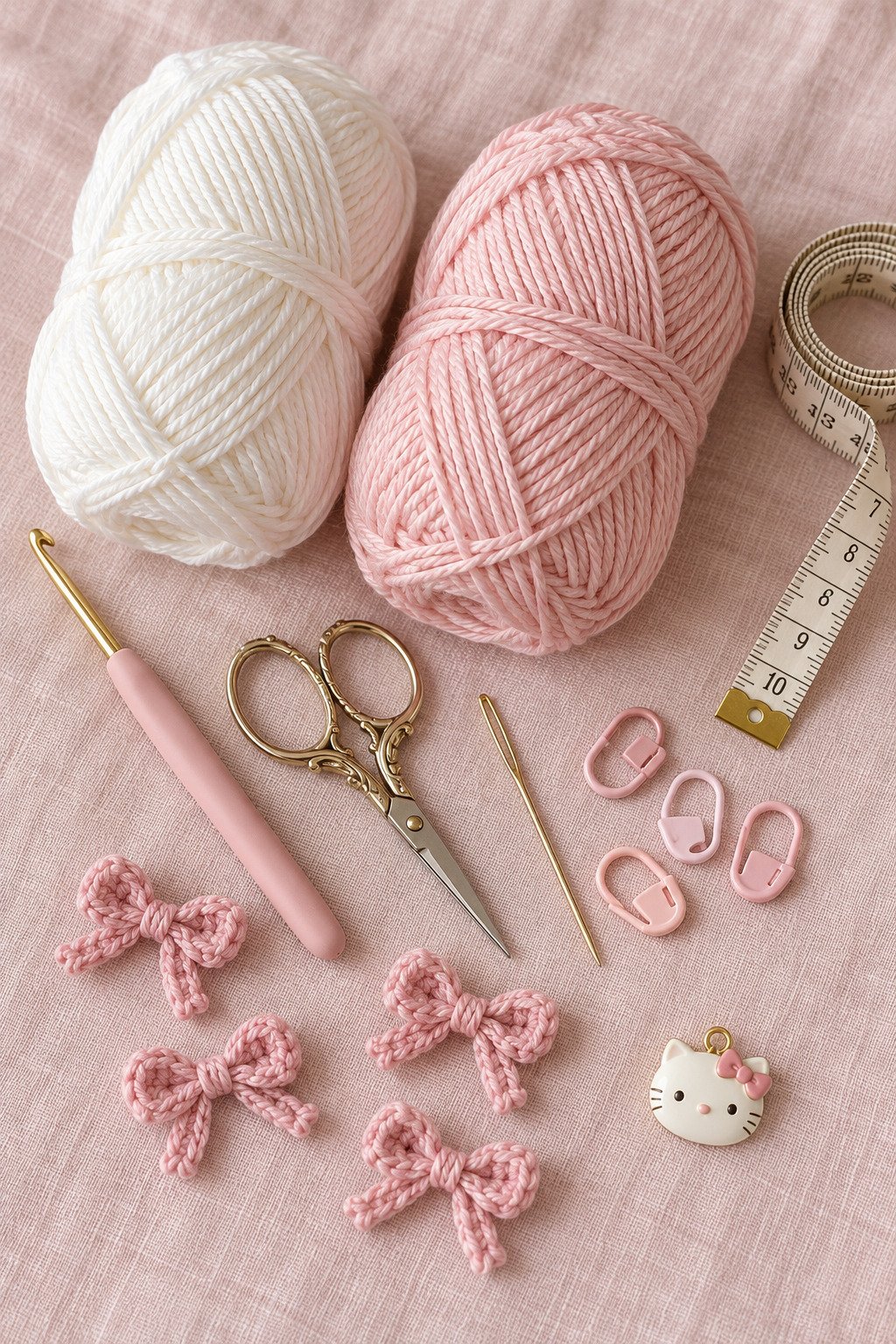 White and blush cotton yarn, crochet hook, scissors, measuring tape, tapestry needle, stitch markers, pink bows, and a small cat-face charm for a crochet bandana