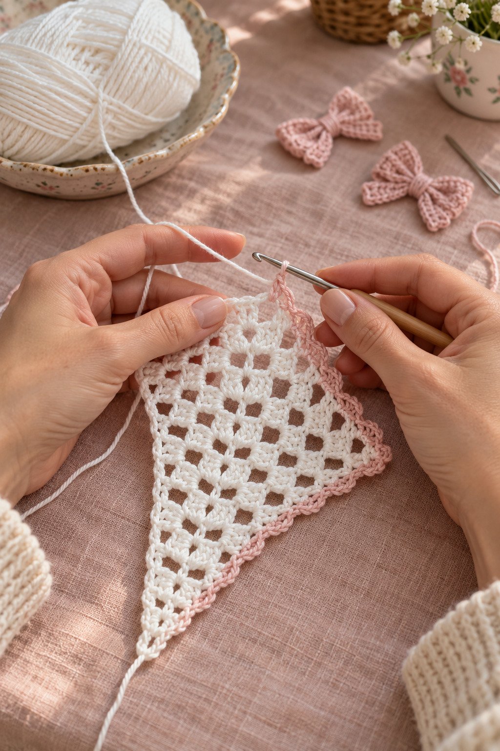Hands crocheting an unfinished white open-mesh bandana with a pale pink border using a crochet hook