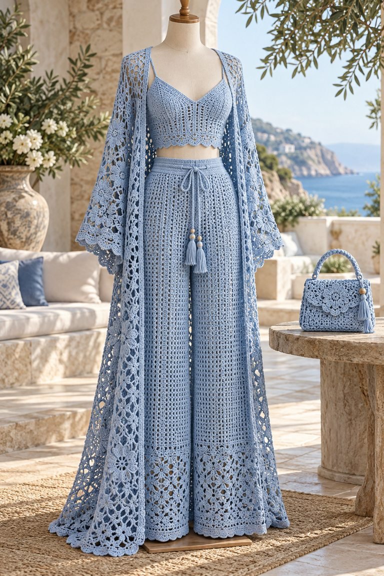Powder-blue crochet duster worn over a matching crop top and wide-leg drawstring trousers with a coordinating handbag.