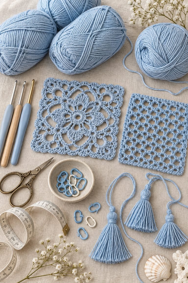 Powder-blue yarn, crochet tools, lace motif swatches, and tassel samples for a matching handmade set.