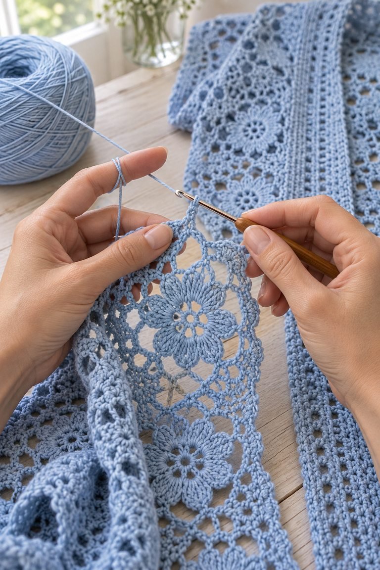Hands crocheting a powder-blue floral lace panel for a long open-front duster.