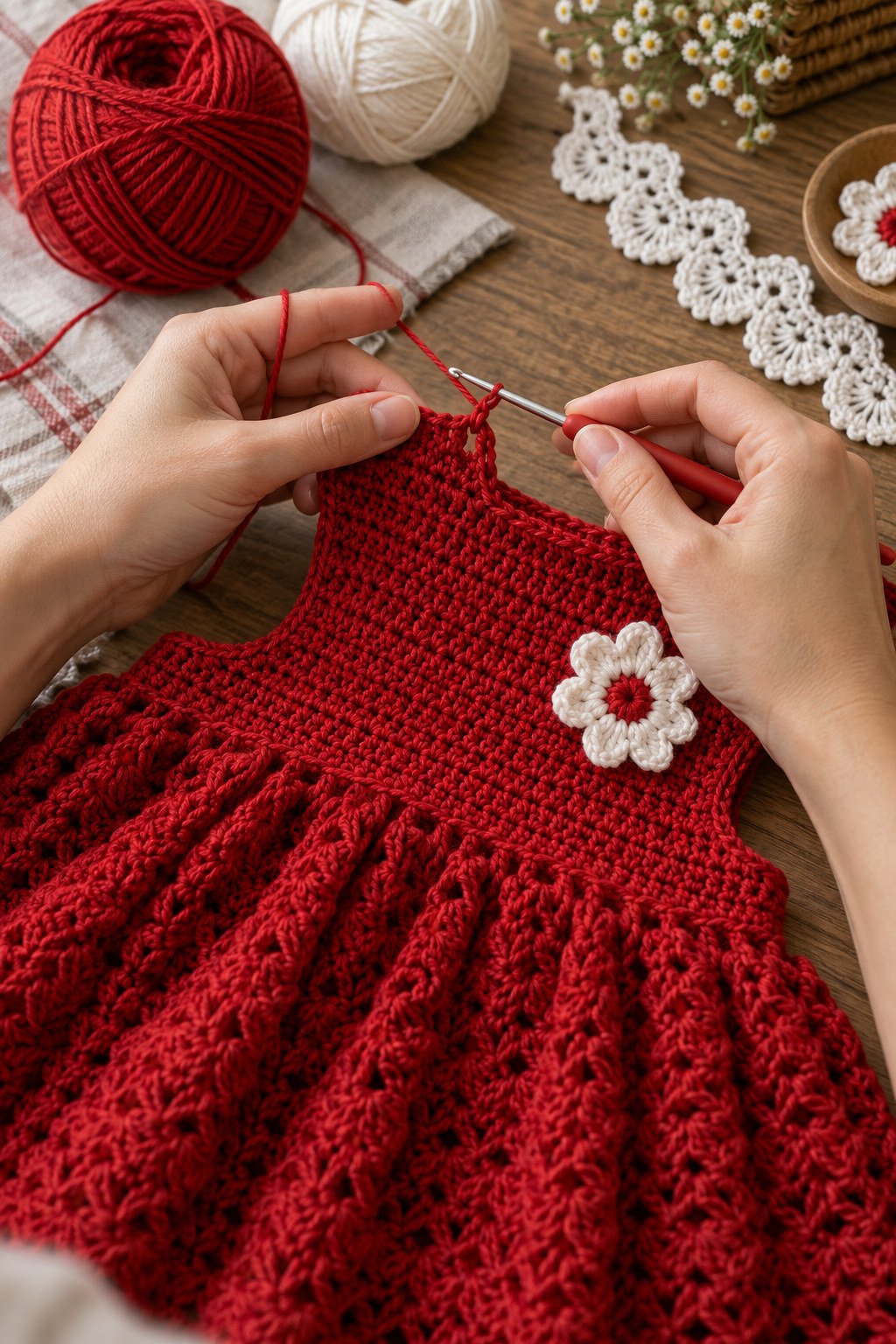 Hands crocheting red dress fabric with a crochet hook beside a white daisy appliqué and scalloped trim