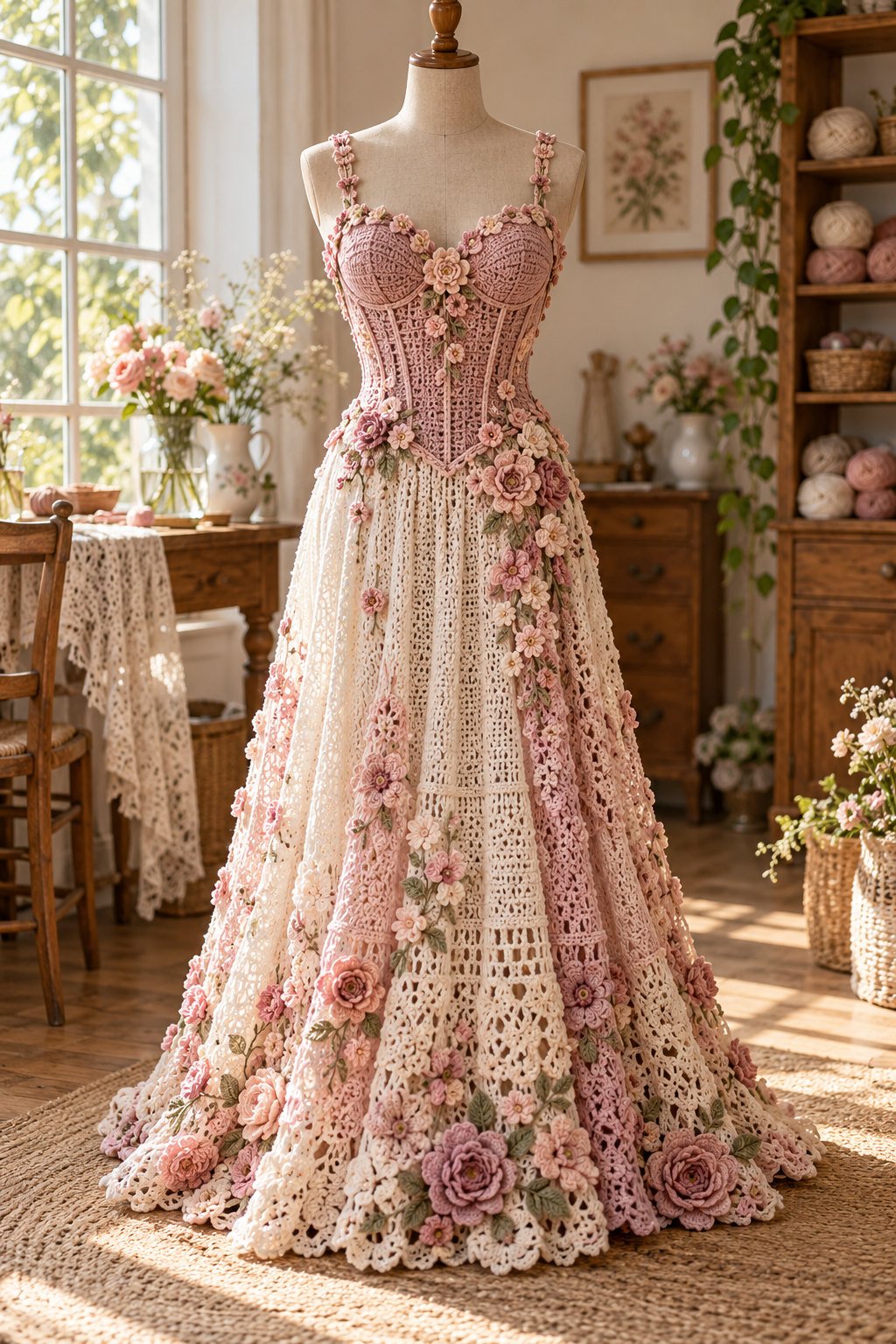 Romantic floral crochet corset dress with a soft rose fitted bodice, small flower motifs, and a flowing cream skirt on a dress form