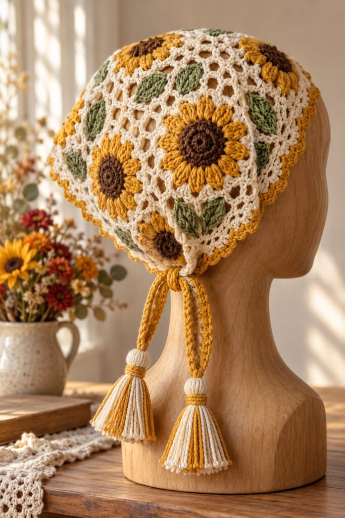 Cream crochet headscarf with golden sunflower motifs, dark centers, sage leaves, decorative edge, and tassel ties on a wooden mannequin