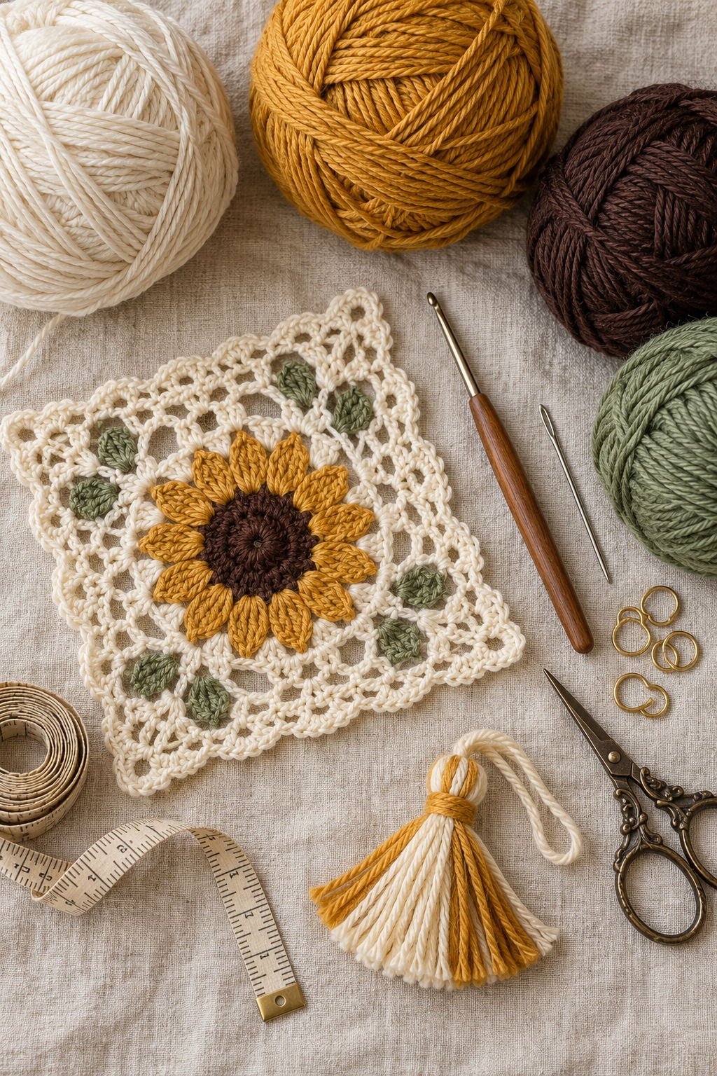 Cream, golden, brown, and sage yarn with crochet hook, scissors, needle, stitch markers, measuring tape, lace swatch, and tassel sample