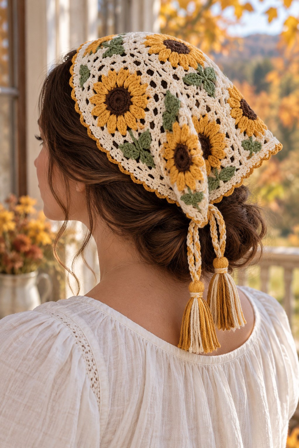 Adult woman wearing a cream crochet headscarf with golden sunflower motifs, sage leaves, and mustard-and-cream tassel ties