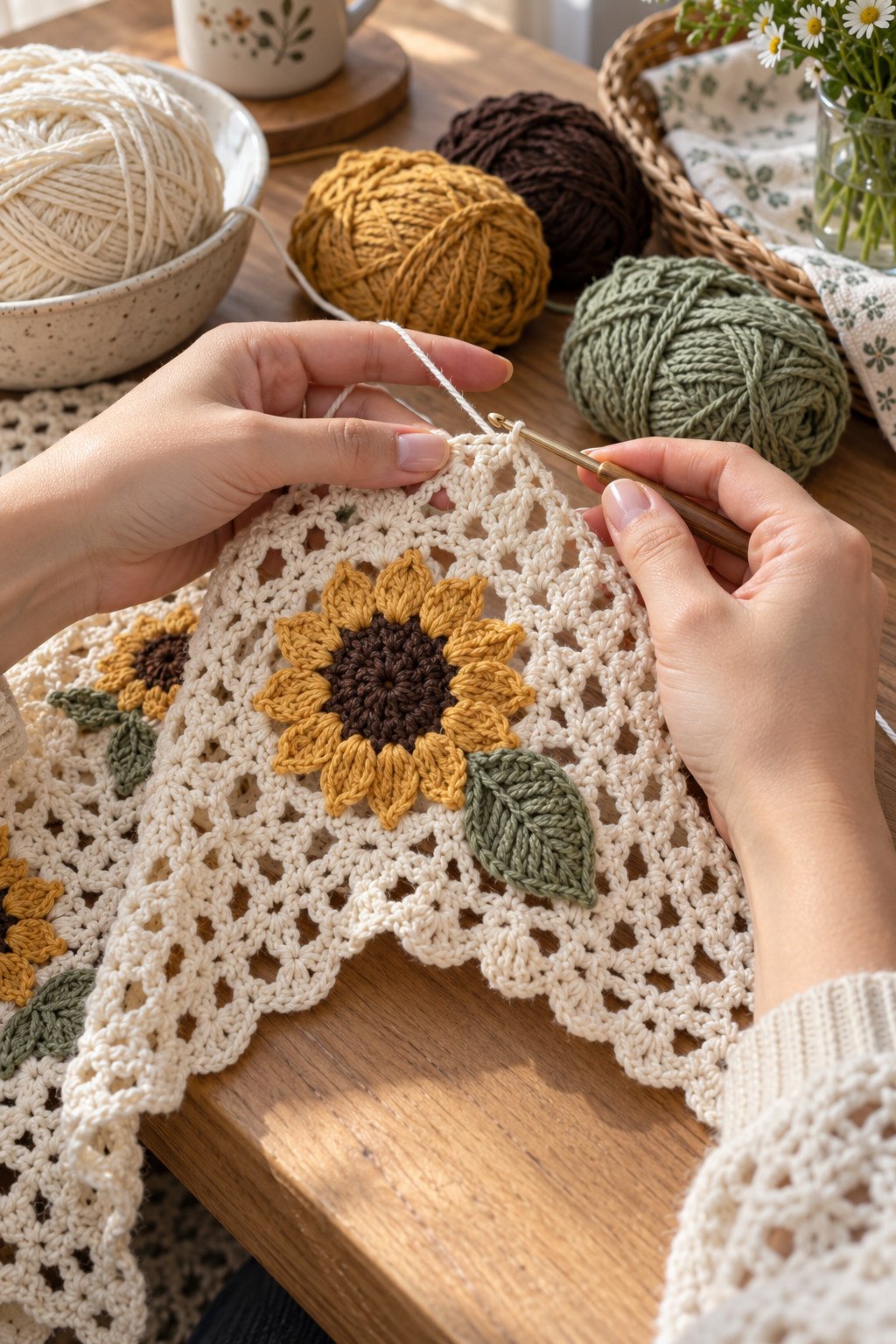 Hands crocheting a cream lace headscarf with a golden sunflower, dark center, and sage leaf motif