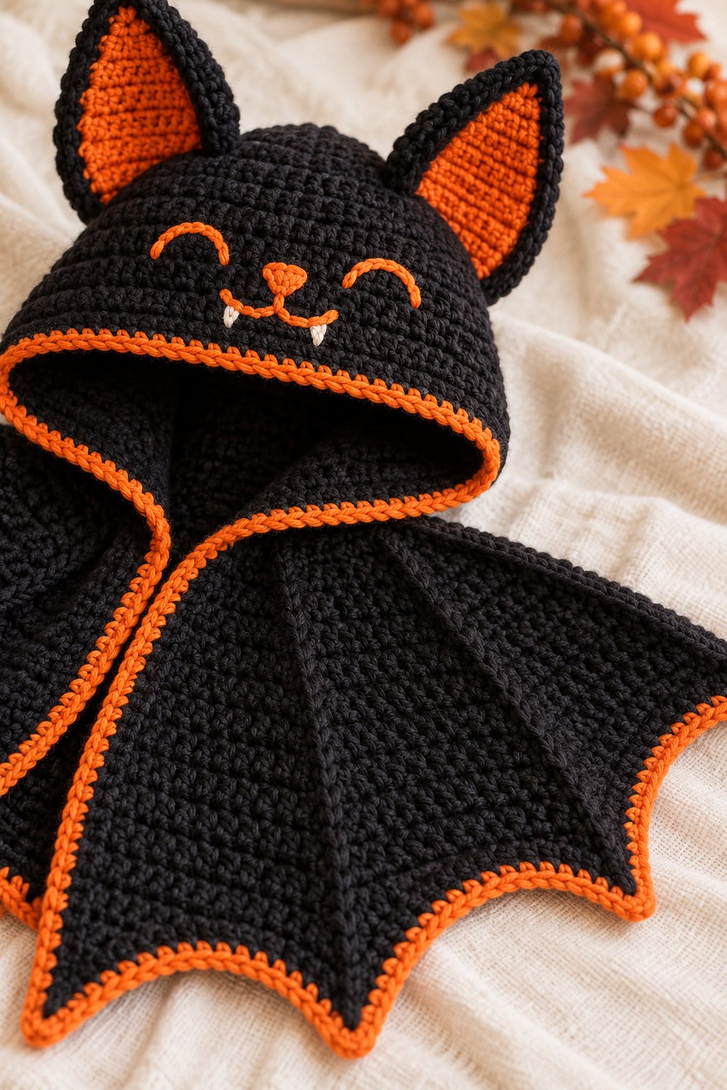 Close-up of a black crochet bat hood with orange inner ears, embroidered face, pumpkin-orange trim, and textured wing stitches