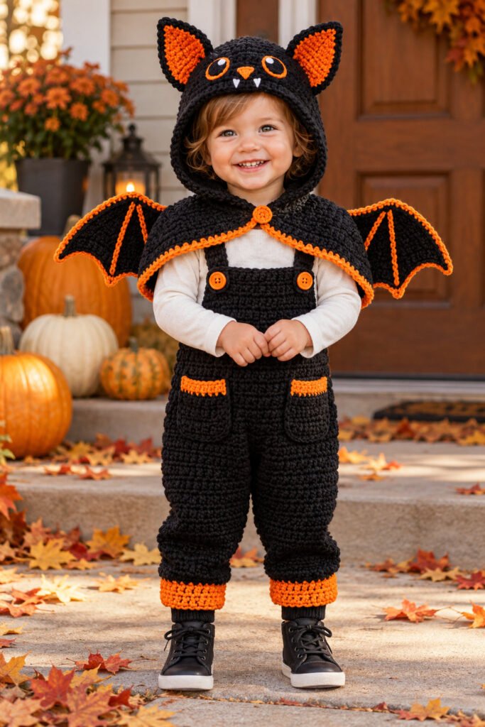 Toddler wearing a black crochet bat costume with orange-edged hood, pointed ears, winged cape, and matching overalls on an autumn porch