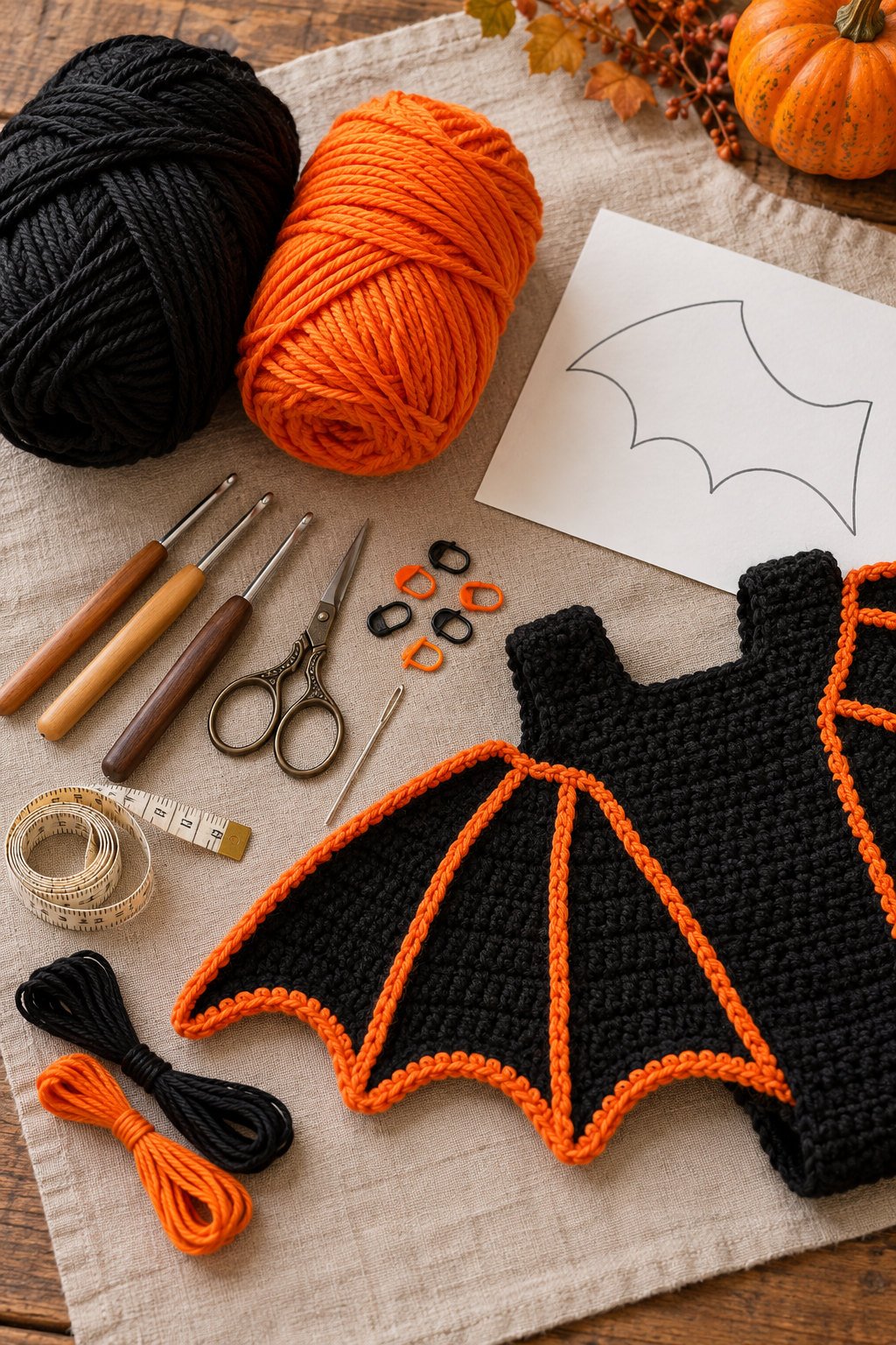 Black and orange yarn, crochet hooks, scissors, yarn needle, stitch markers, soft measuring tape, and embroidery yarn arranged for a toddler bat costume