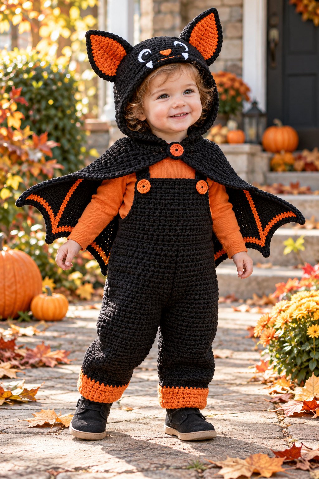 Toddler in a black-and-orange crochet bat costume with pointed hood, winged cape, and comfortable outfit among autumn pumpkins